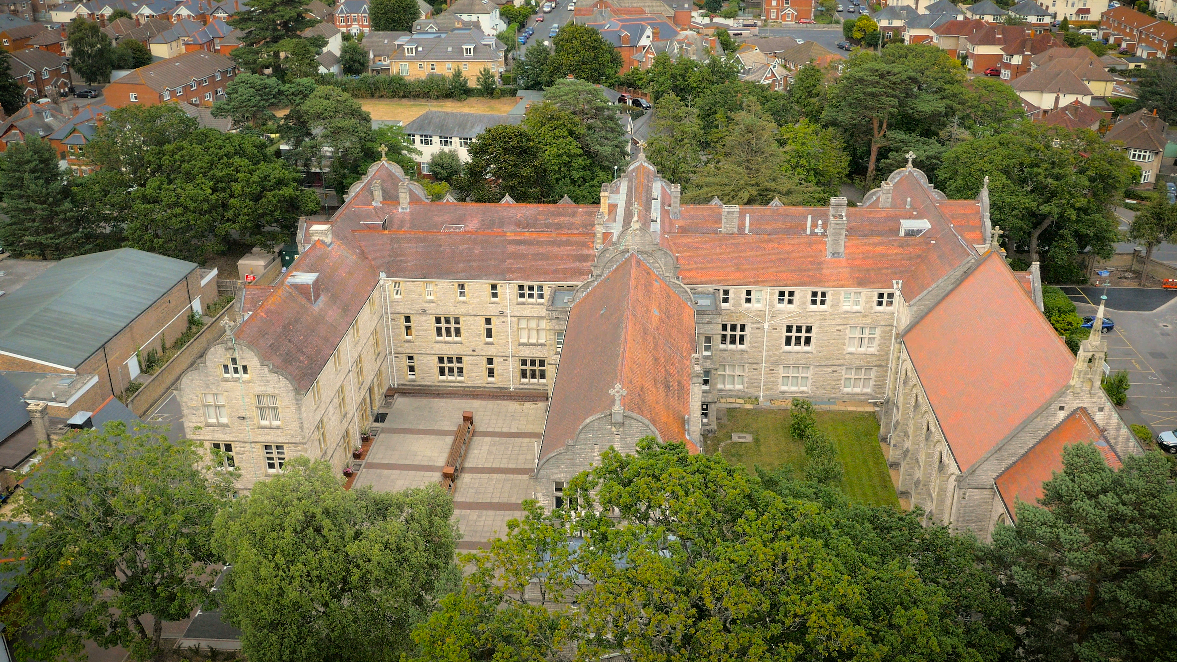 drone shot of the university building by air